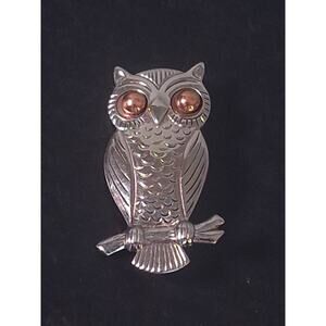 Vintage Owl Brooch Pin Bell Trading Post Nickel Silver Copper Eyes Southwest